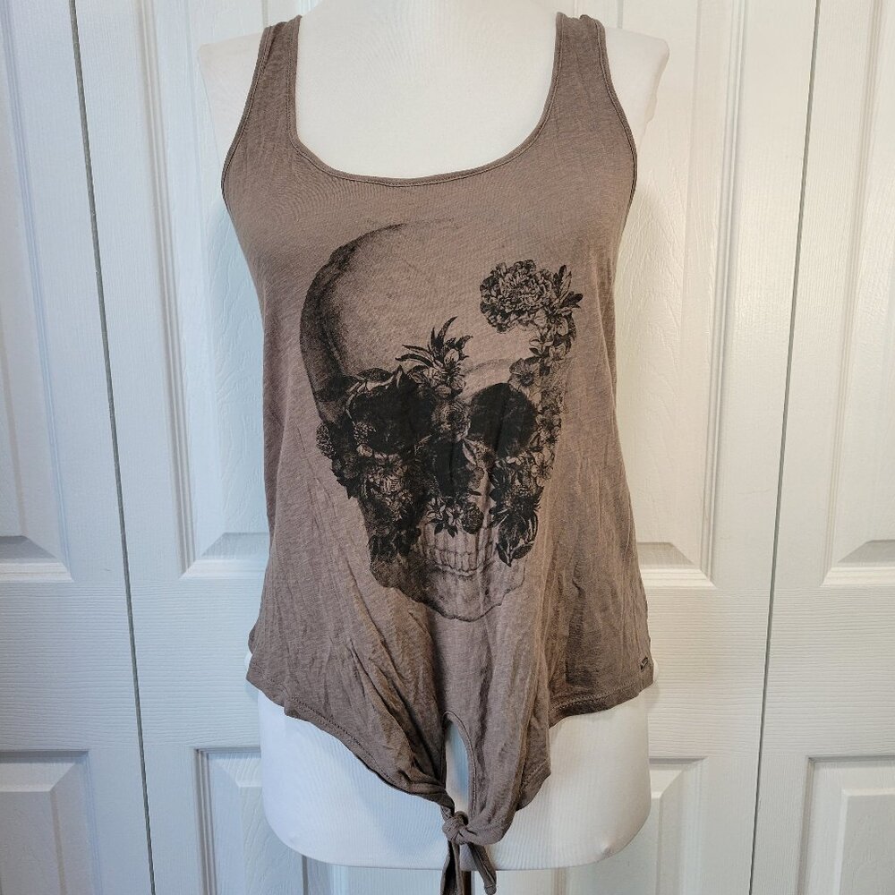 GARAGE Gray Black Floral Skull Tie-Front Sleeveless Tank Top sz XS EUC Halloween